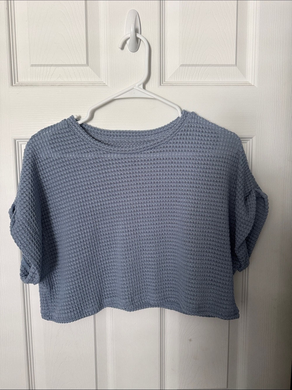 Cropped Waffle Knit Top in Dusty Blue